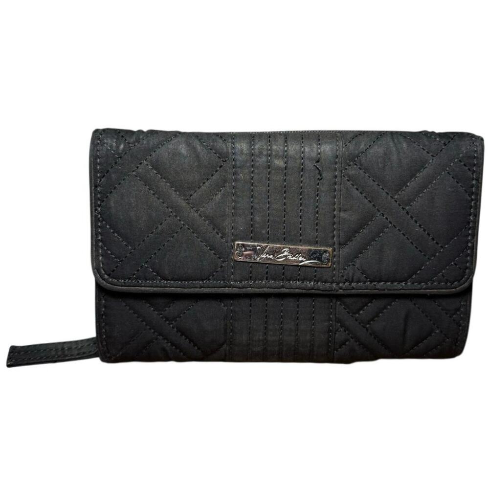 Vera Bradley Black Microfiber Trifold Wallet Clutch Citron Basketweave Lining
